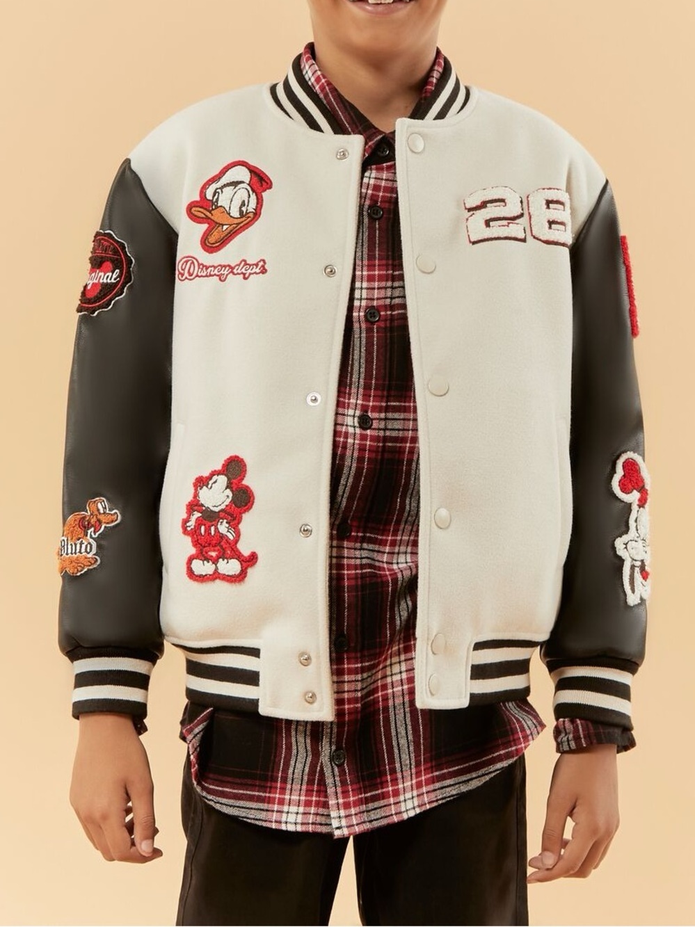 Disney x Forever 21 Mickey & Friends Varsity Jacket Cream Kids Boys 13/14 XL - Picture 2 of 10
